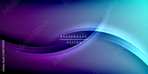 Abstract background features flowing curves, vibrant purple, blue hues. Smooth gradients create dynamic visual effect. Modern design element.