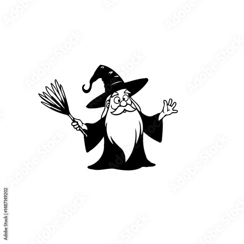 Enigmatic sorcerer casting spell illustration with tall hat and flowing beard