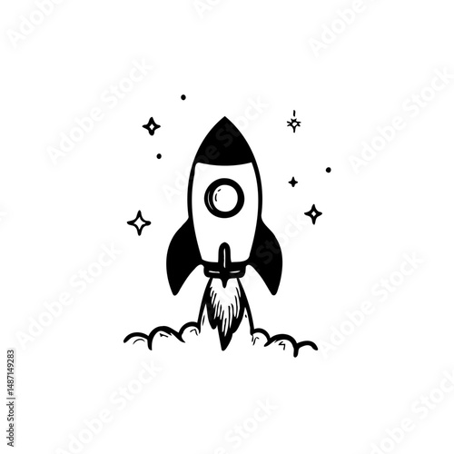 Whimsical rocket ship soaring through a stylized cosmos of stars and clouds