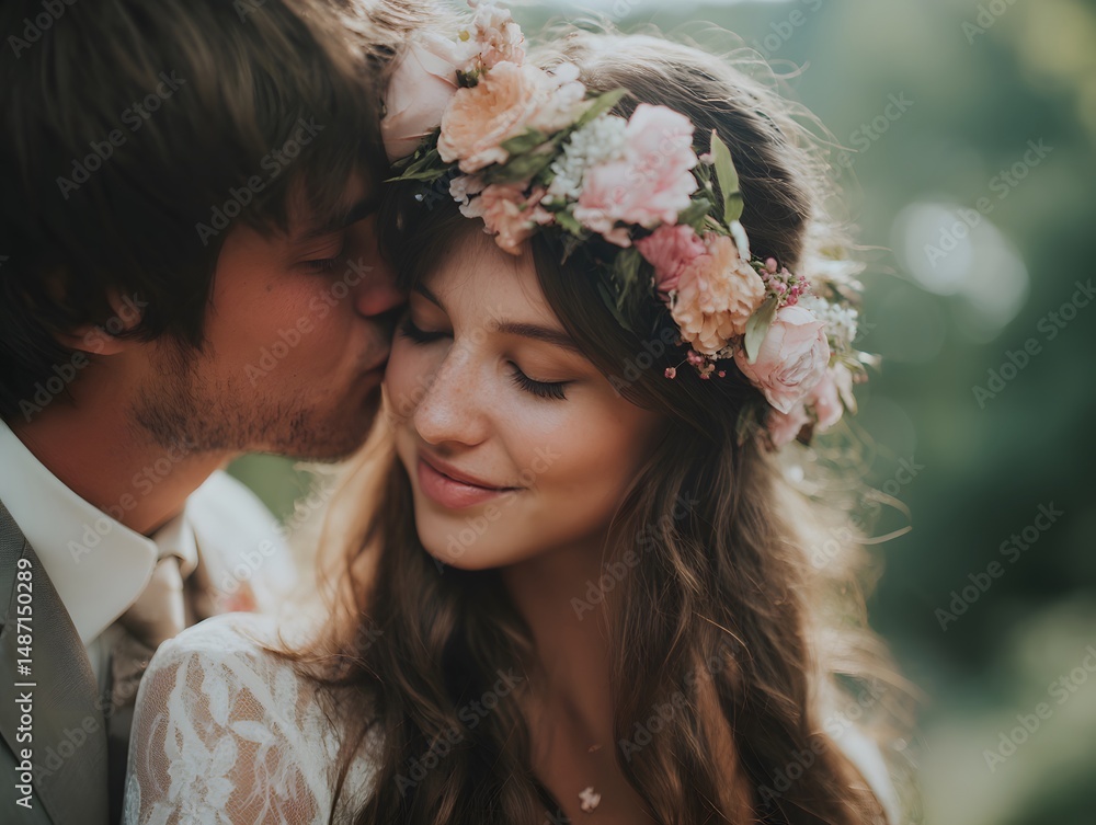 Naklejka premium Another moment of a couple in an embrace with a floral crown, reinforcing romantic intimacy.