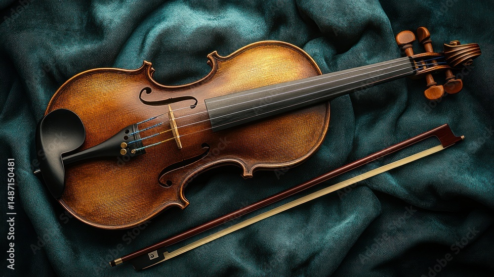 Fototapeta premium Vintage violin on teal fabric