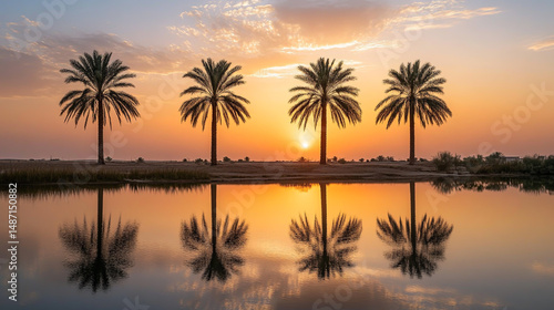 Photograph of the palm trees and lake at sunset in Hendric, Saudi Arabia, with a clear sky and reflection in the water
