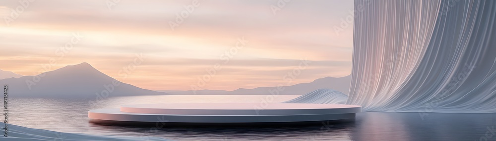 Fototapeta premium Serene mountain vista displayed on a circular platform.