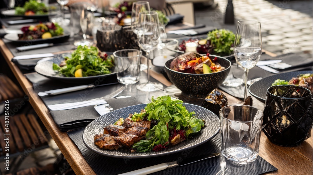 Obraz premium A stylish dinner setting with plates of vibrant greens and grilled meats served outdoors on a Berlin street terrace.
