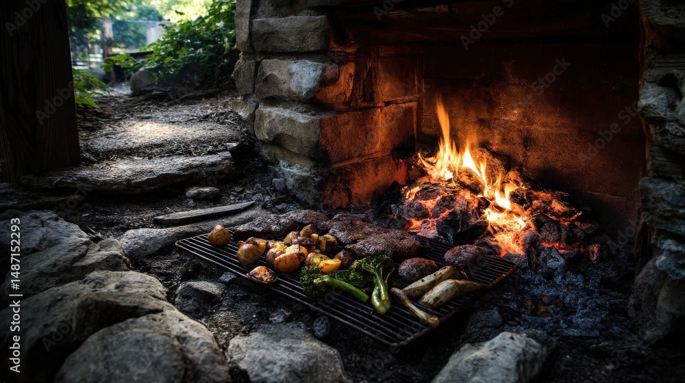 A summer grilling moment with meat and veggies cooking over coal fire, framed by firelight and rustic outdoor surroundings. A summer grilling moment with meat and veggies cooking over coal fire, framed by firelight and rustic outdoor surroundings.