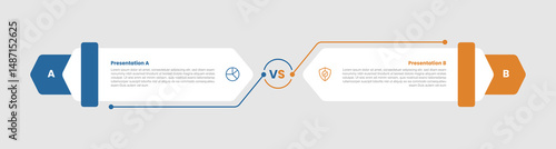 2 stage infographic diagram opposite comparison with creative long hexagon box container with two step for slide presentation