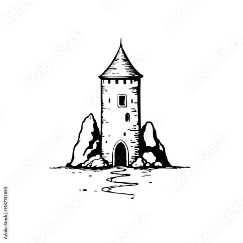 Monochromatic architectural sketch of a tower amidst rocky surroundings