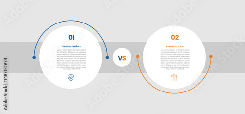 2 stage infographic diagram opposite comparison with big circle and half line circular up and down with two step for slide presentation