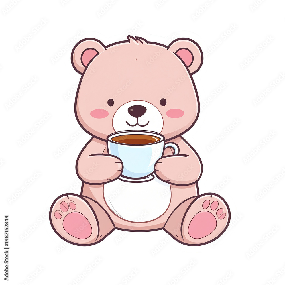 Adorable Pink Teddy Bear Enjoying a Warm Cup of Tea Cartoon Illustration Adorable Pink Teddy Bear Enjoying a Warm Cup of Tea Cartoon Illustration