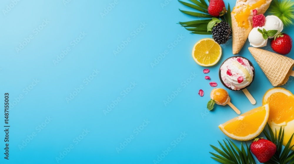 Obraz premium Colorful Ice Cream Selection with Fruits and Cones on Blue Background