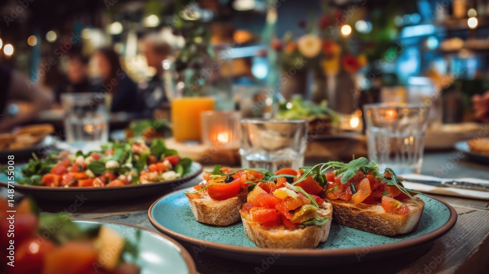 Fototapeta premium A vibrant food scene in a Berlin eatery, with fresh bruschetta, colorful salads, and local guests enjoying a relaxing evening meal.