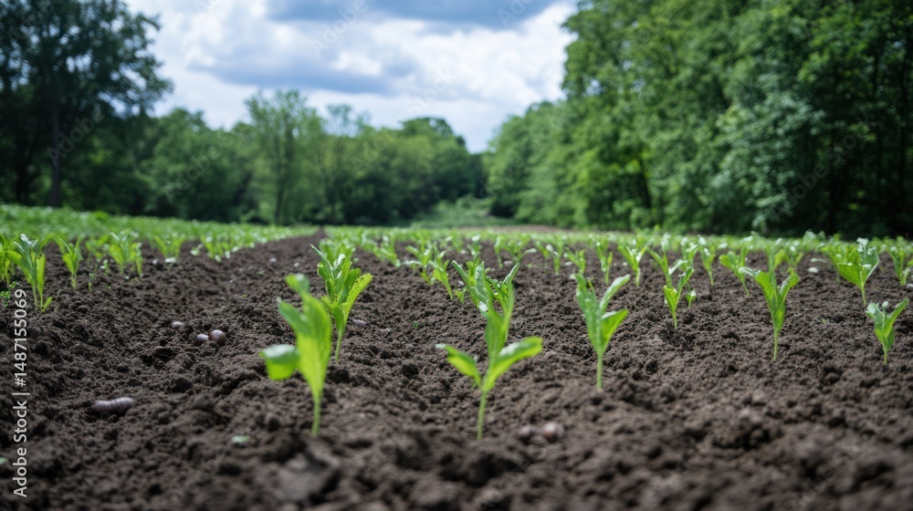 Rows of Young Plants Growing in a Lush Green Field Rows of Young Plants Growing in a Lush Green Field