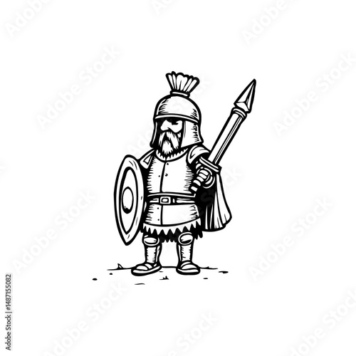 Whimsical warrior illustration, featuring a diminutive knight in full battle gear