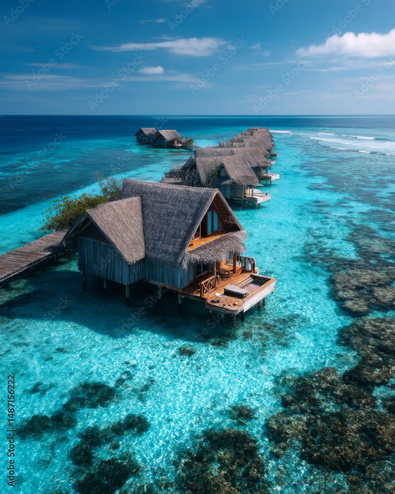 Fototapeta premium Aerial view of turquoise ocean with overwater villas on a tropical island, crystal-clear water, coral reefs visible, bright and sunny, luxurious vacation mood