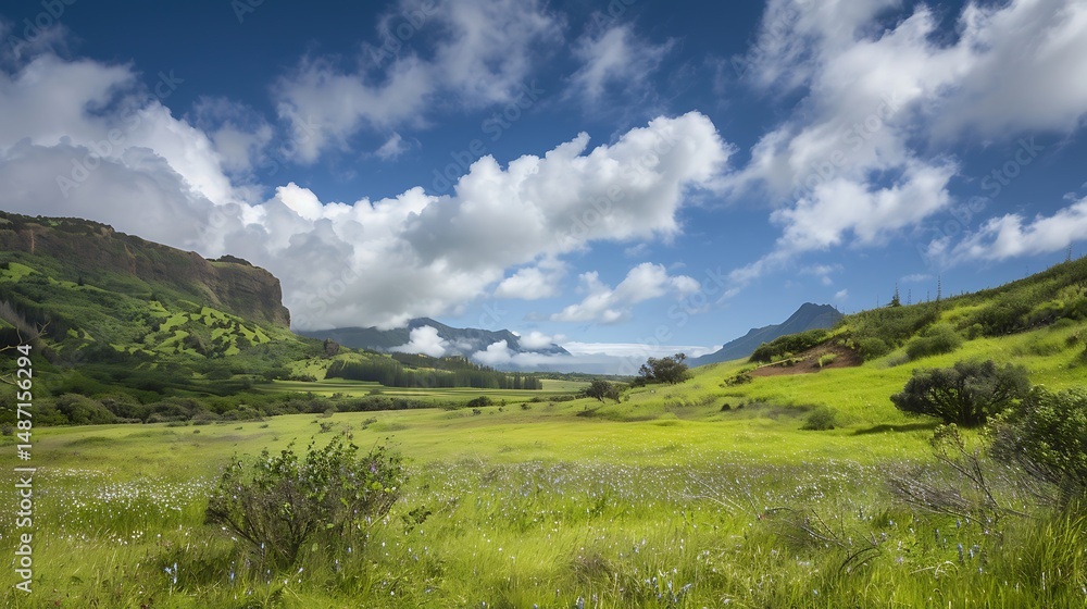 Fototapeta premium Scenic Landscape Of Green Field And Mountains Under A Blue Sky With White Clouds