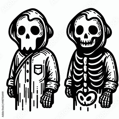 Skeleton in a ghost costume. Halloween Skull Bones Anatomy Skeletal Clipart Line Art Vector Illustration. Bony figure clad within spectral garb eerie apparition image.