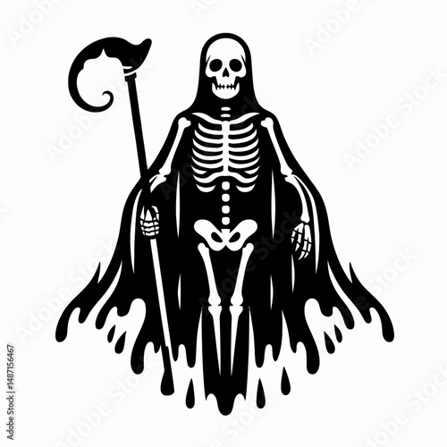 Skeleton in a ghost costume. Halloween Skull Bones Anatomy Skeletal Clipart Line Art Vector Illustration. Bony figure with shroud attire spooky spectral fancy dress idea.