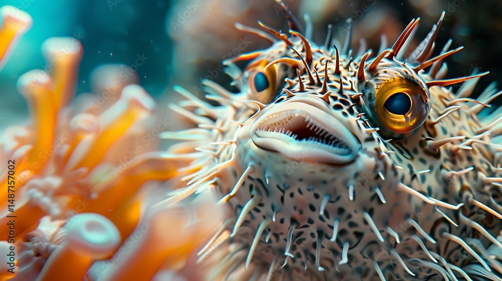 A hyperrealistic macro showcases the pufferfish's spiky exterior, revealing the intriguing details A hyperrealistic macro showcases the pufferfish's spiky exterior, revealing the intriguing details