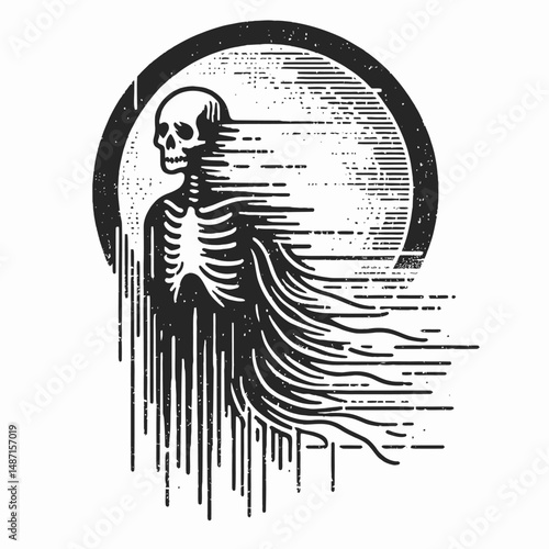 Skeleton in a ghostly fog. Halloween Skull Bones Anatomy Skeletal Clipart Line Art Vector Illustration. Bony frame within spectral vapor ethereal mist fantasy apparition horror image.