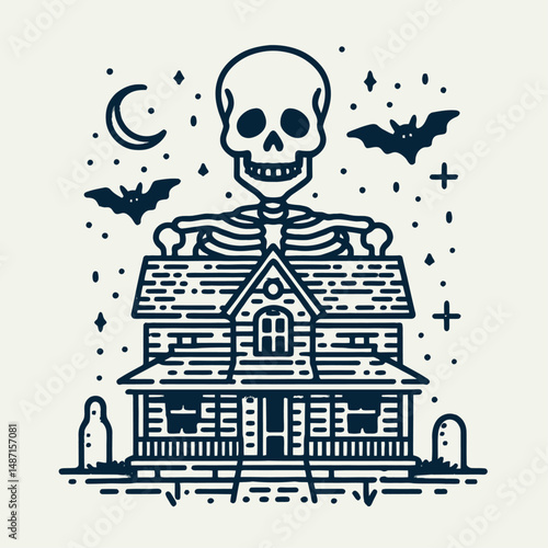 Skeleton in a haunted house Halloween. Halloween Skull Bones Anatomy Skeletal Clipart Line Art Vector Illustration. Spooky home with bony figure for autumn terror holiday celebration.