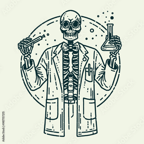 Skeleton in a mad scientist lab coat. Halloween Skull Bones Anatomy Skeletal Clipart Line Art Vector Illustration. Bony figure eccentric researchers formal wear within bizarre research.