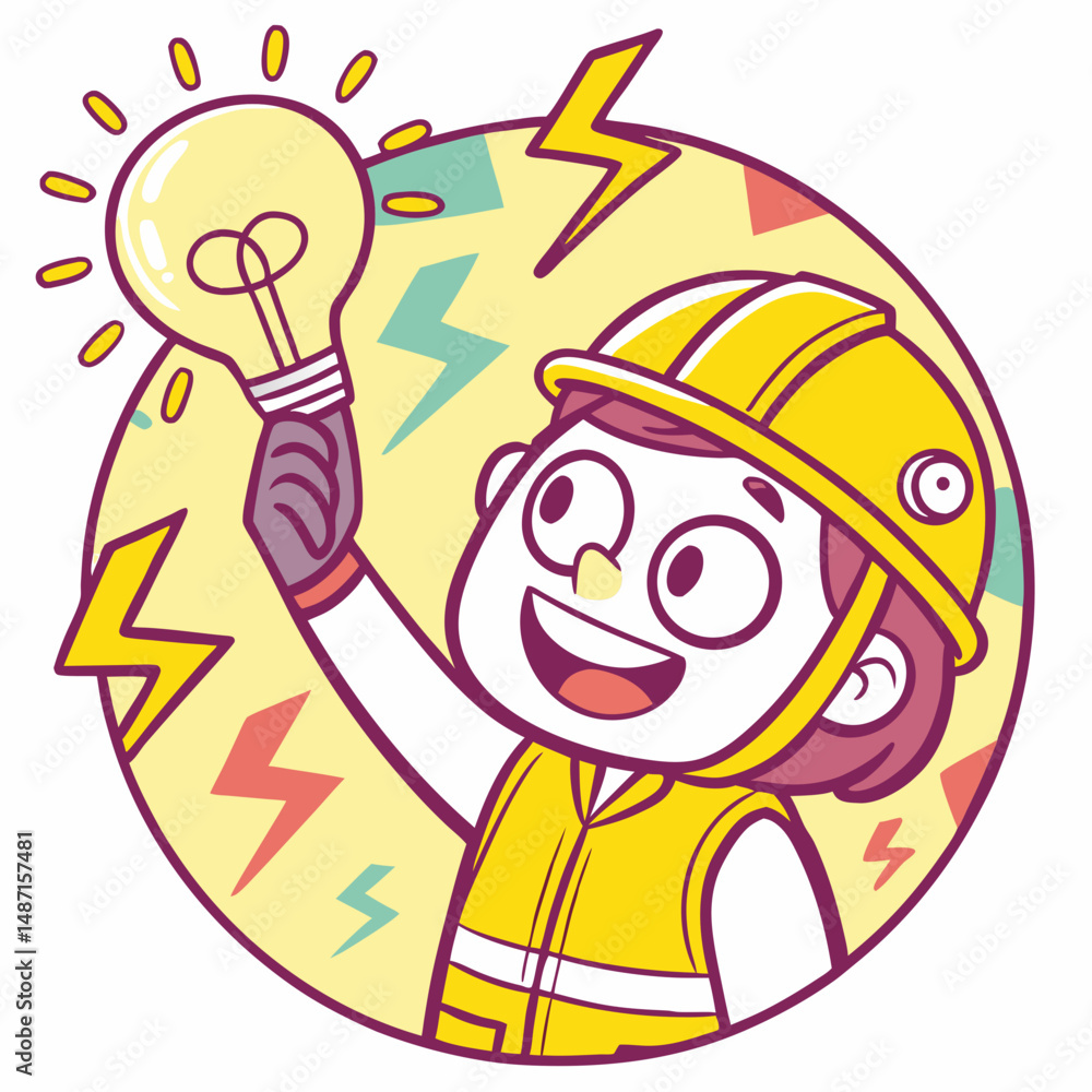 Naklejka premium Happy cartoon electrician holding glowing light bulb, colorful background icon