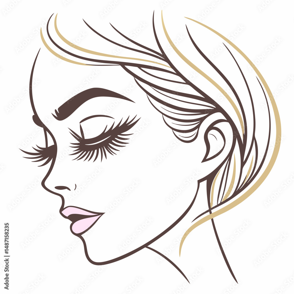 Elegant eyelash logo with cartoon flair, gold and blush tones Elegant eyelash logo with cartoon flair, gold and blush tones