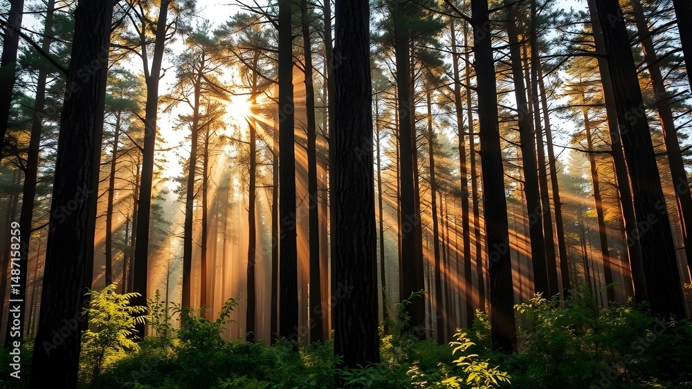 Naklejka premium Sunlight Streaming Through a Natural Forest in a Peaceful Outdoor Landscape