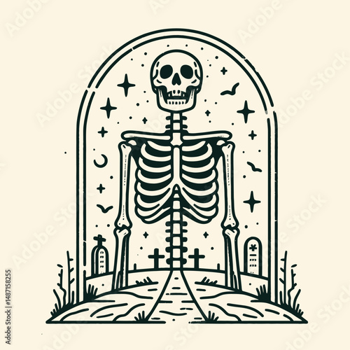 Skeleton in a spooky cemetery. Halloween Skull Bones Anatomy Skeletal Clipart Line Art Vector Illustration. Bony remains amid chilling graveyard creepy horror theme death concept.