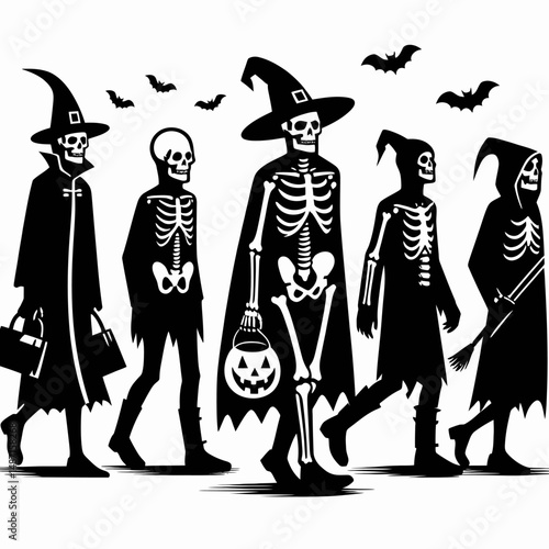 Skeleton in a spooky costume parade. Halloween Skull Bones Anatomy Skeletal Clipart Line Art Vector Illustration. Bony figure eerie apparel procession frightful holiday celebration.