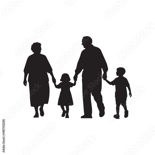 Grandparents Walking with Grandchildren Silhouette – Black Vector Clipart on White Background
