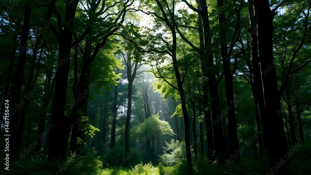 Obraz premium Sunlight Streaming Through a Natural Forest in a Peaceful Outdoor Landscape