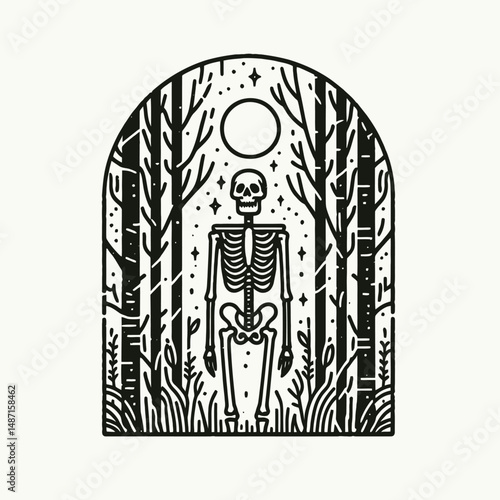 Skeleton in a spooky forest. Halloween Skull Bones Anatomy Skeletal Clipart Line Art Vector Illustration. Bony form amid grim woodland eerie botany chilling environment scary theme.