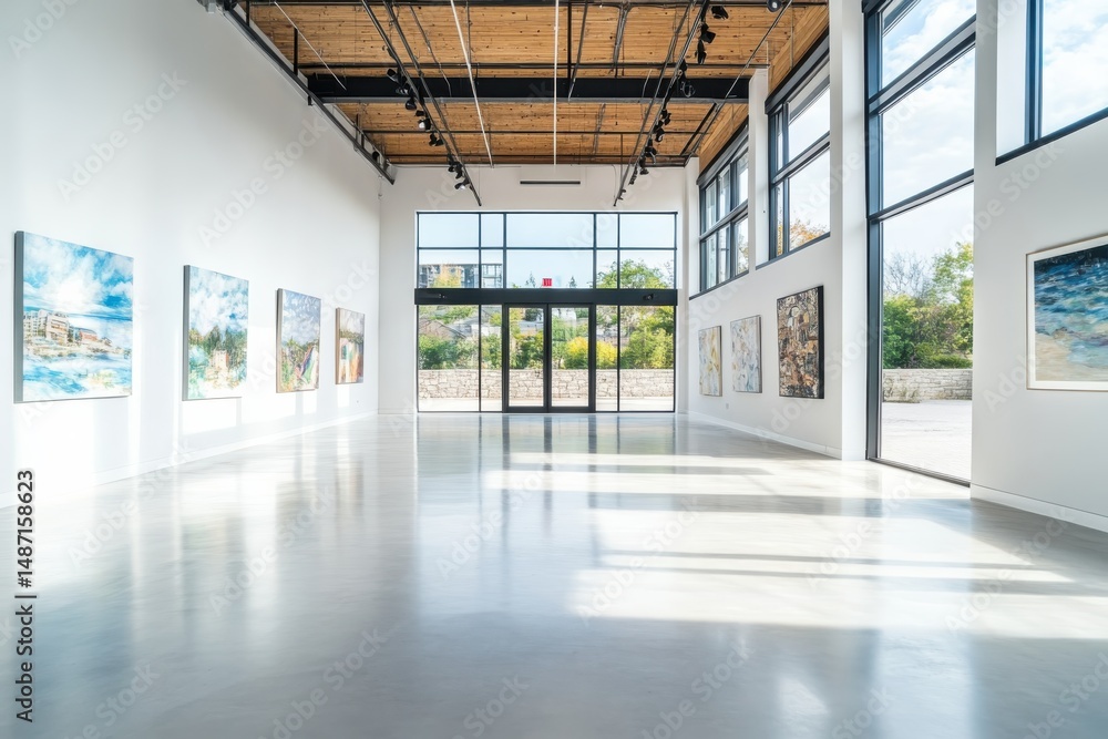 Fototapeta premium Art exhibition opening modern gallery photography indoor space wide angle creative showcase