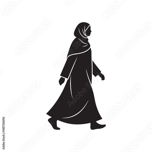 Hijabi Woman Walking Silhouette Vector Clipart – Black Design on White Background