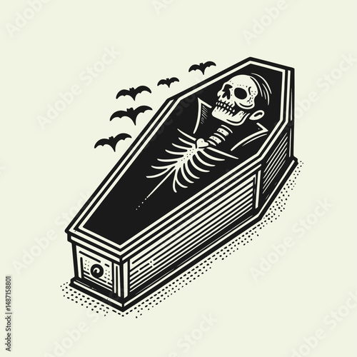 Skeleton in a vampire coffin. Halloween Skull Bones Anatomy Skeletal Clipart Line Art Vector Illustration. Undead remains within bloodsucker box chilling bone crypt scene.