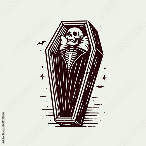 Skeleton in a vampire coffin. Halloween Skull Bones Anatomy Skeletal Clipart Line Art Vector Illustration. Bony remains within undead beings box gothic horror relic for all hallows eve.