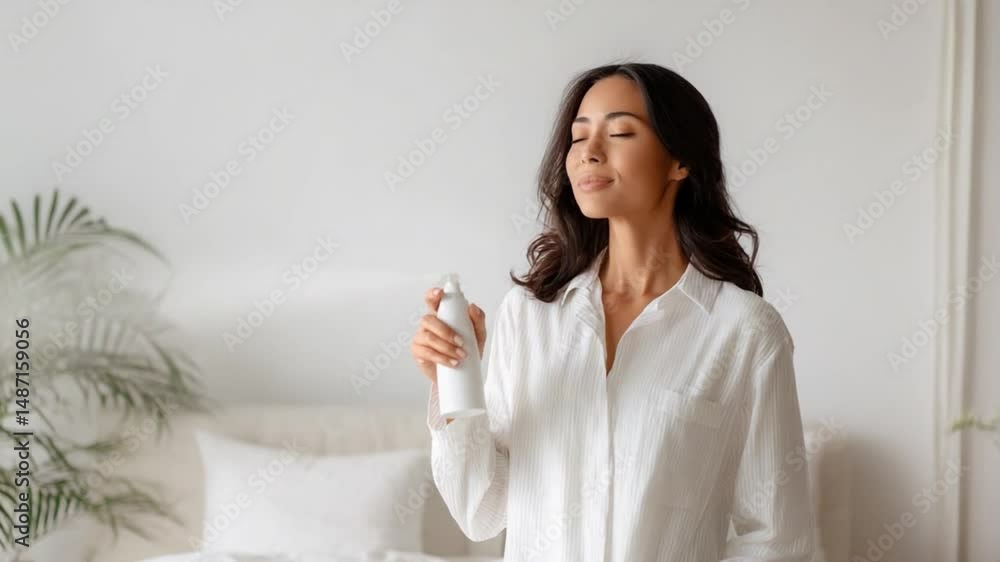 Tranquil Beauty: A serene woman applies refreshing mist indoors, embracing a moment of self-care, capturing serenity and well-being. Tranquil Beauty: A serene woman applies refreshing mist indoors, embracing a moment of self-care, capturing serenity and well-being.