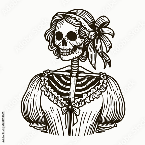 Skeleton in a Victorian dress. Halloween Skull Bones Anatomy Skeletal Clipart Line Art Vector Illustration. Bony figure old-fashioned formal gown gothic era dead attire for display.