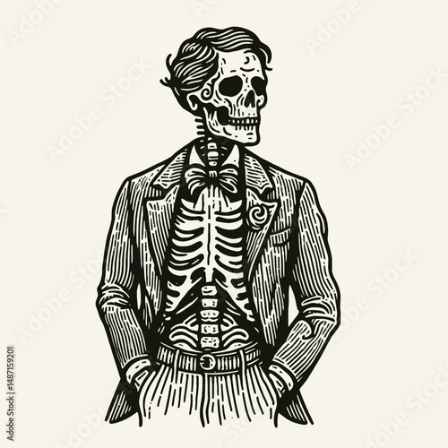 Skeleton in a Victorian suit. Halloween Skull Bones Anatomy Skeletal Clipart Line Art Vector Illustration. Bony figure wearing classic garb antique vogue deceased gentleman attire.