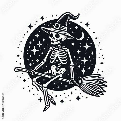 Skeleton in a witch hat on broomstick Halloween. Halloween Skull Bones Anatomy Skeletal Clipart Line Art Vector Illustration. Bony phantom pointy wizard headgear cruises twig season.
