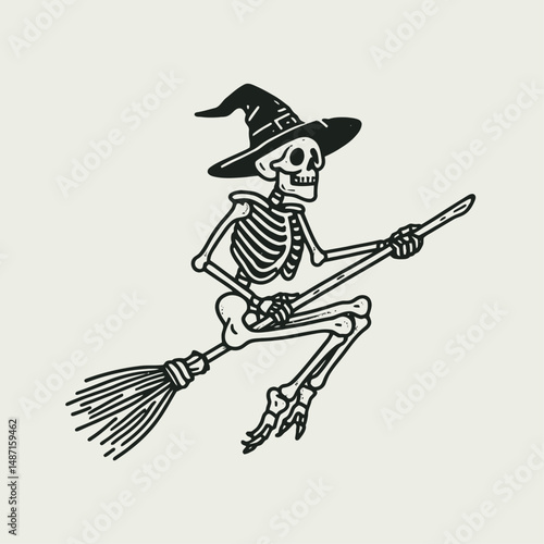 Skeleton in a witch hat on broomstick Halloween. Halloween Skull Bones Anatomy Skeletal Clipart Line Art Vector Illustration. Bony wraith pointed cap riding twig festive decoration.