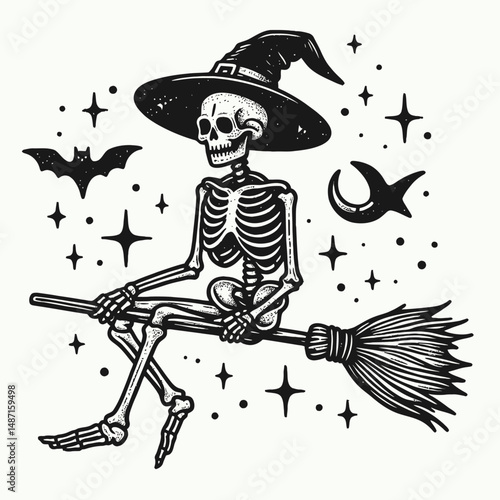 Skeleton in a witch hat on broomstick. Halloween Skull Bones Anatomy Skeletal Clipart Line Art Vector Illustration. Bony frame conical headwear riding twig mount for spooky party.