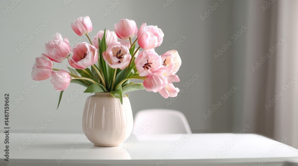 An elegant composition of pink tulips radiating beauty from a ceramic vase, placed on a clean white table in a modern setting. An elegant composition of pink tulips radiating beauty from a ceramic vase, placed on a clean white table in a modern setting.