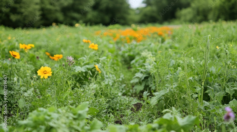 Summer Meadow in Bloom: Vibrant Yellow Flowers and Lush Greenery Summer Meadow in Bloom: Vibrant Yellow Flowers and Lush Greenery