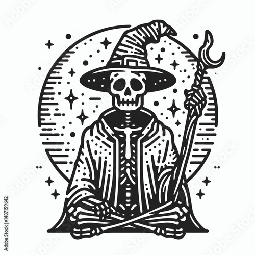Skeleton in a wizard costume. Halloween Skull Bones Anatomy Skeletal Clipart Line Art Vector Illustration. Bony mage attire spooky necromancer guise spectral sorcerer garment.
