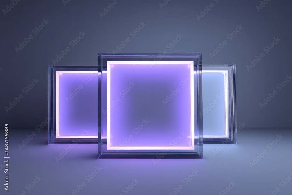 Glowing neon boxes, minimalist geometric shapes, 3D render, vivid purple-blue lighting, dramatic shadows. Glowing neon boxes, minimalist geometric shapes, 3D render, vivid purple-blue lighting, dramatic shadows.