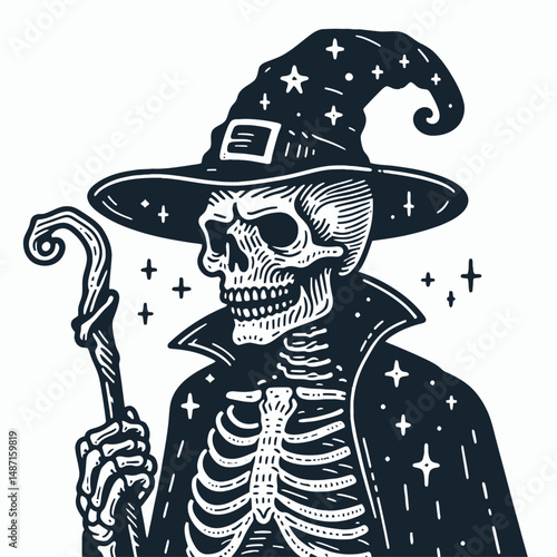Skeleton in a wizard costume. Halloween Skull Bones Anatomy Skeletal Clipart Line Art Vector Illustration. Bony figure arcane garb magical character concept.