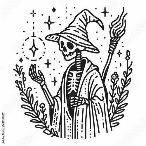 Skeleton in a wizard costume. Halloween Skull Bones Anatomy Skeletal Clipart Line Art Vector Illustration. Bony mage apparel occult sorcerer avatar spooky charater magical guise.