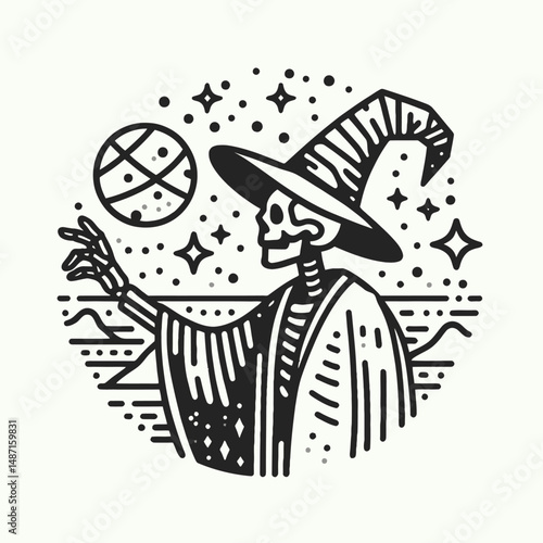 Skeleton in a wizard costume. Halloween Skull Bones Anatomy Skeletal Clipart Line Art Vector Illustration. Bony figure arcane garb spectral sorcerer apparel occult undead avatar.